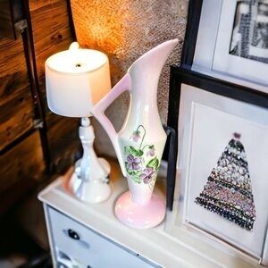 HAND painted vintage vase, violets motif, artisan made, excellent condition